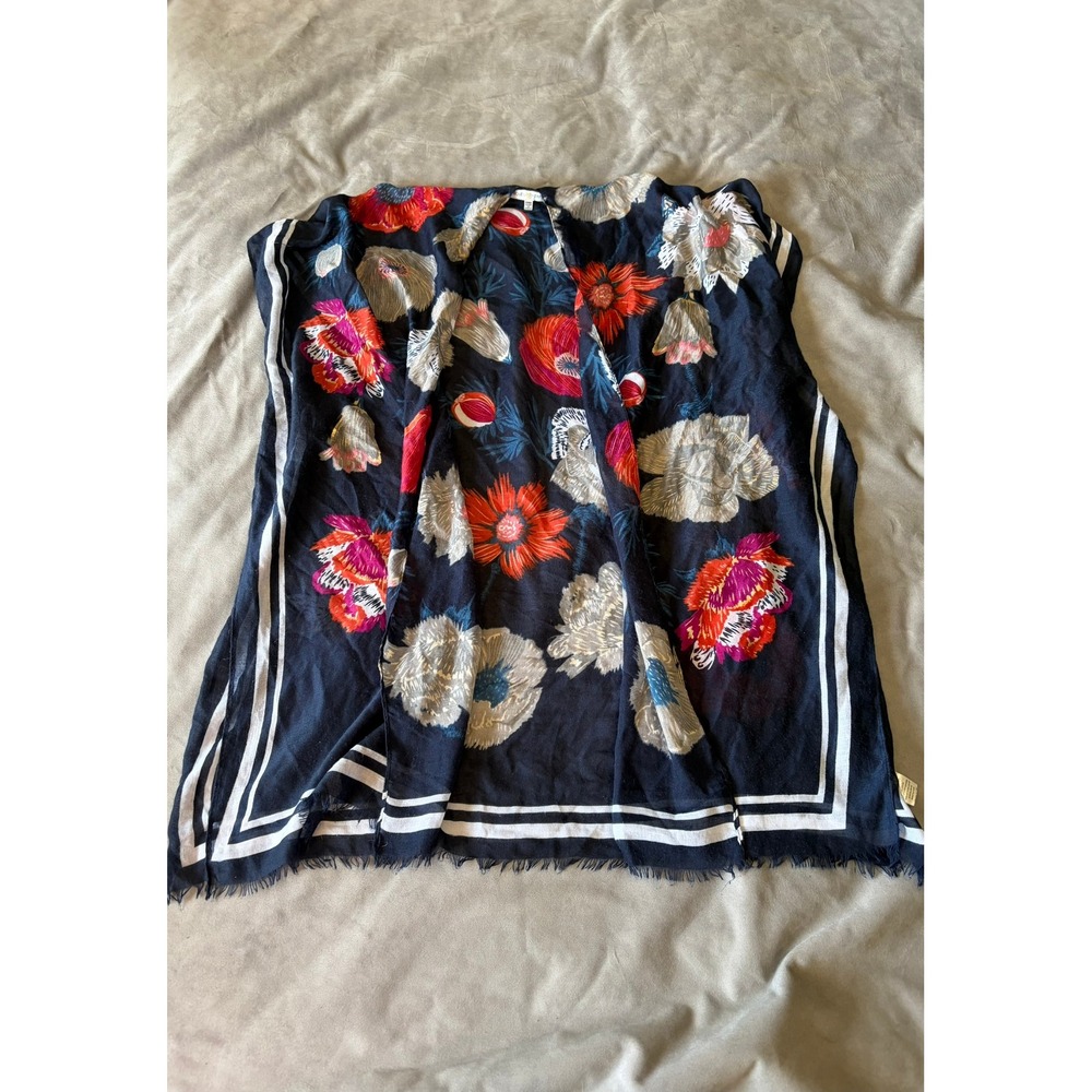 Woven Heart Floral Kimono Wrap Navy Blue Gold Metallic Fringe One Size XE1851711